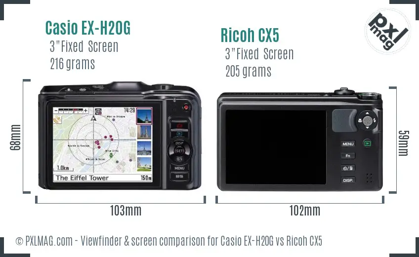 Casio EX-H20G vs Ricoh CX5 Screen and Viewfinder comparison