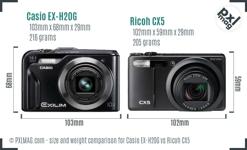 Casio EX-H20G vs Ricoh CX5 size comparison