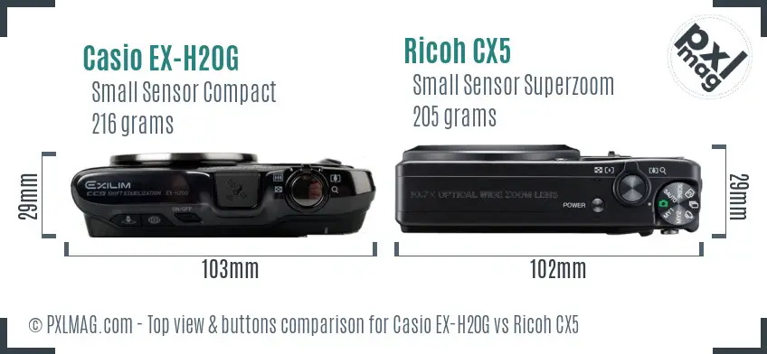 Casio EX-H20G vs Ricoh CX5 top view buttons comparison