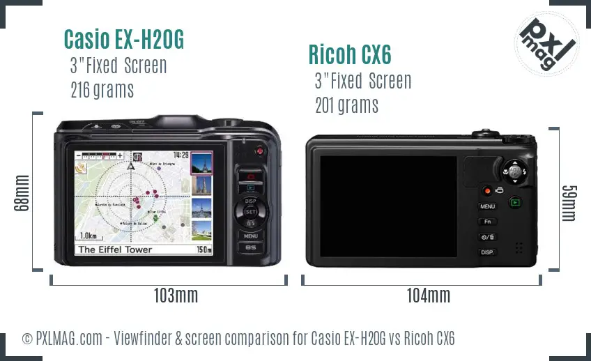 Casio EX-H20G vs Ricoh CX6 Screen and Viewfinder comparison