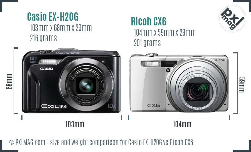 Casio EX-H20G vs Ricoh CX6 size comparison