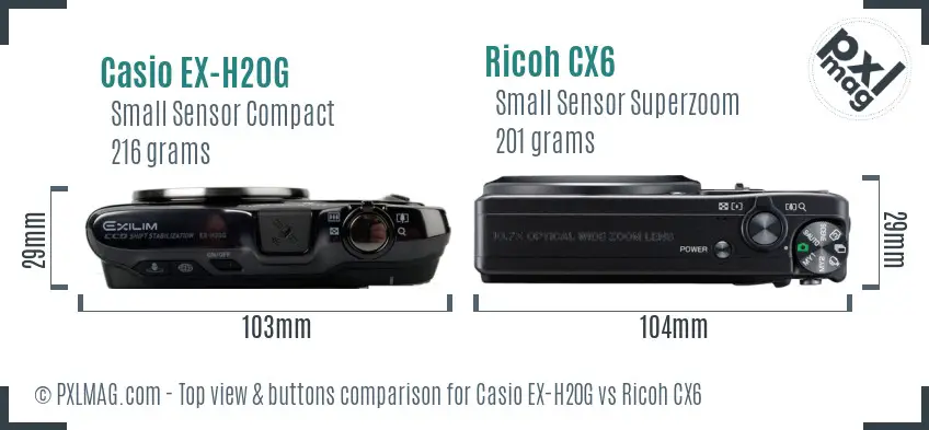 Casio EX-H20G vs Ricoh CX6 top view buttons comparison