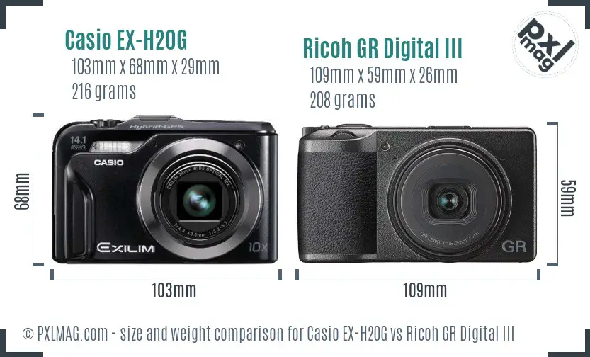 Casio EX-H20G vs Ricoh GR Digital III size comparison