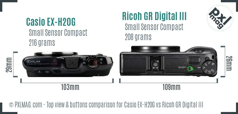 Casio EX-H20G vs Ricoh GR Digital III top view buttons comparison