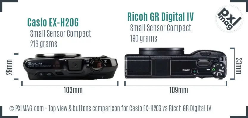 Casio EX-H20G vs Ricoh GR Digital IV top view buttons comparison