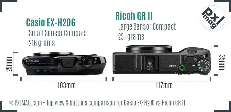 Casio EX-H20G vs Ricoh GR II top view buttons comparison