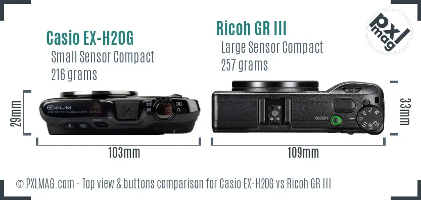 Casio EX-H20G vs Ricoh GR III top view buttons comparison