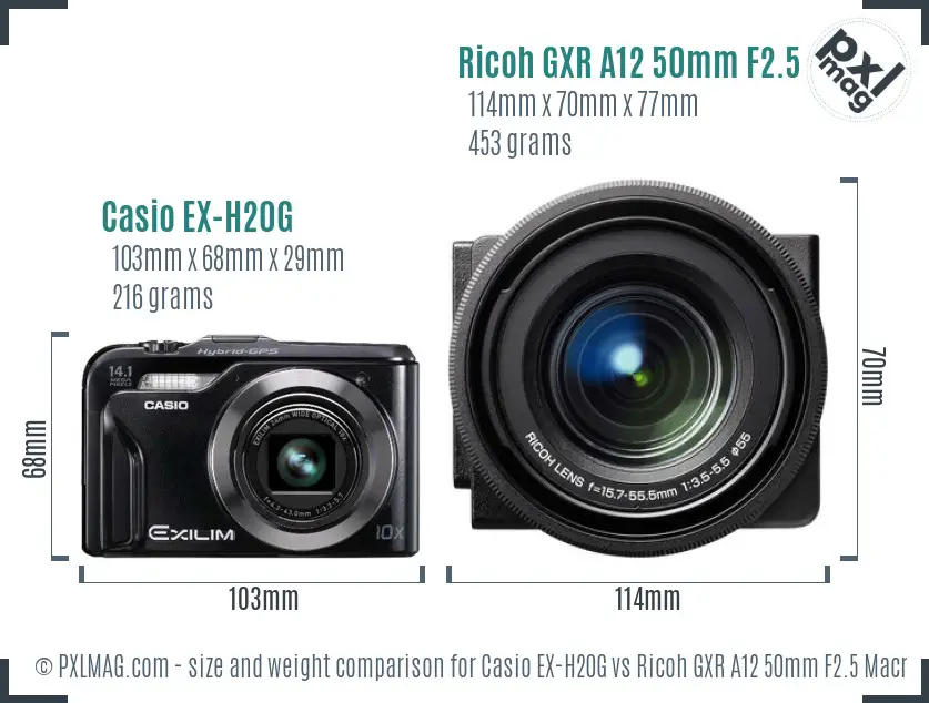 Casio EX-H20G vs Ricoh GXR A12 50mm F2.5 Macro size comparison