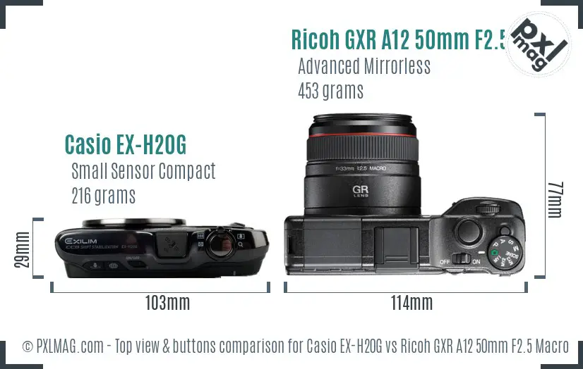 Casio EX-H20G vs Ricoh GXR A12 50mm F2.5 Macro top view buttons comparison