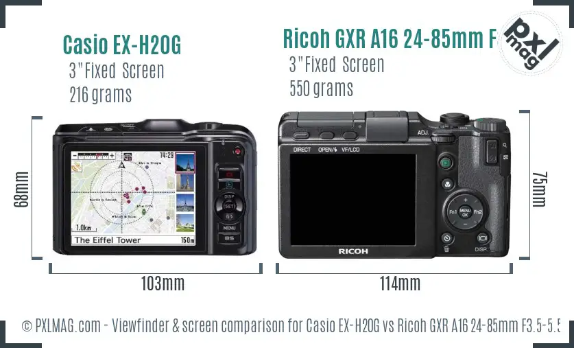 Casio EX-H20G vs Ricoh GXR A16 24-85mm F3.5-5.5 Screen and Viewfinder comparison