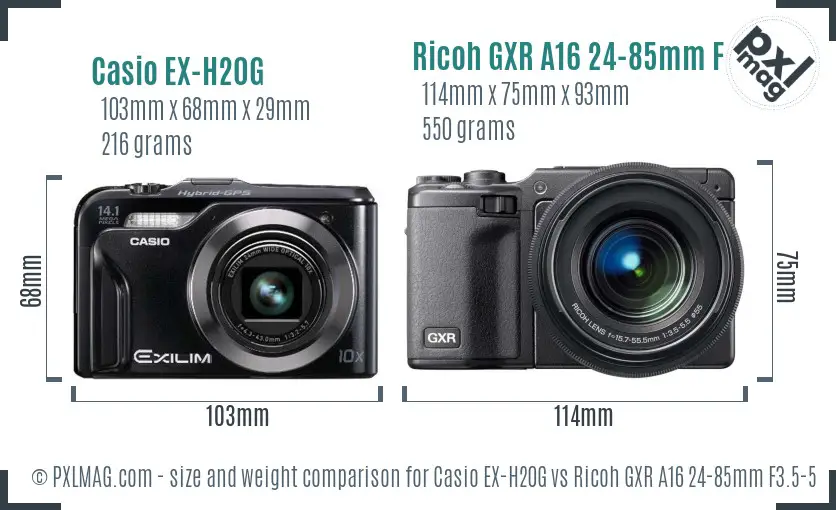 Casio EX-H20G vs Ricoh GXR A16 24-85mm F3.5-5.5 size comparison