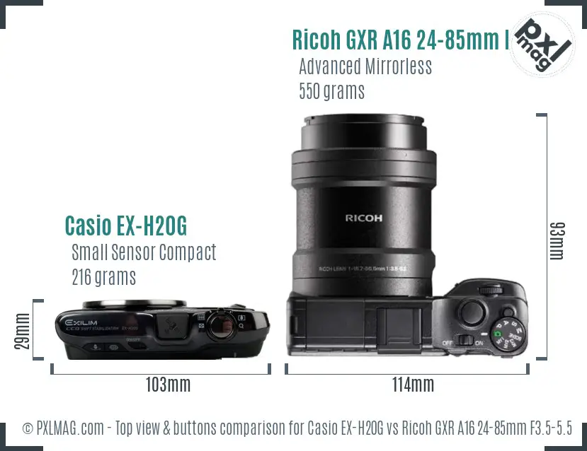 Casio EX-H20G vs Ricoh GXR A16 24-85mm F3.5-5.5 top view buttons comparison