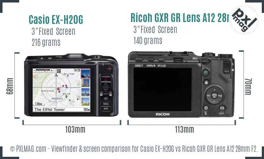 Casio EX-H20G vs Ricoh GXR GR Lens A12 28mm F2.5 Screen and Viewfinder comparison