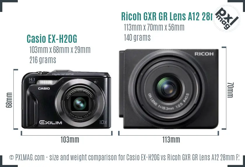 Casio EX-H20G vs Ricoh GXR GR Lens A12 28mm F2.5 size comparison