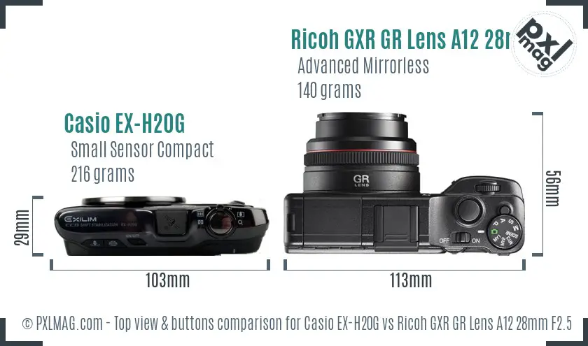 Casio EX-H20G vs Ricoh GXR GR Lens A12 28mm F2.5 top view buttons comparison