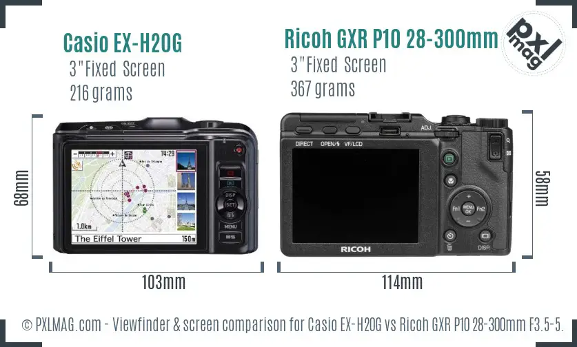 Casio EX-H20G vs Ricoh GXR P10 28-300mm F3.5-5.6 VC Screen and Viewfinder comparison