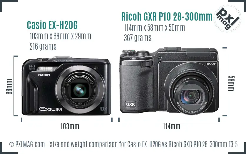 Casio EX-H20G vs Ricoh GXR P10 28-300mm F3.5-5.6 VC size comparison