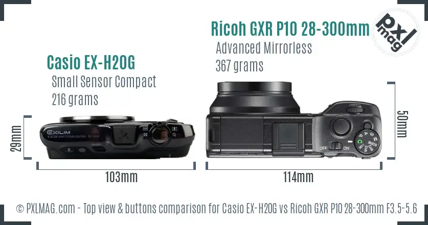 Casio EX-H20G vs Ricoh GXR P10 28-300mm F3.5-5.6 VC top view buttons comparison