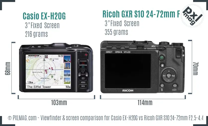 Casio EX-H20G vs Ricoh GXR S10 24-72mm F2.5-4.4 VC Screen and Viewfinder comparison