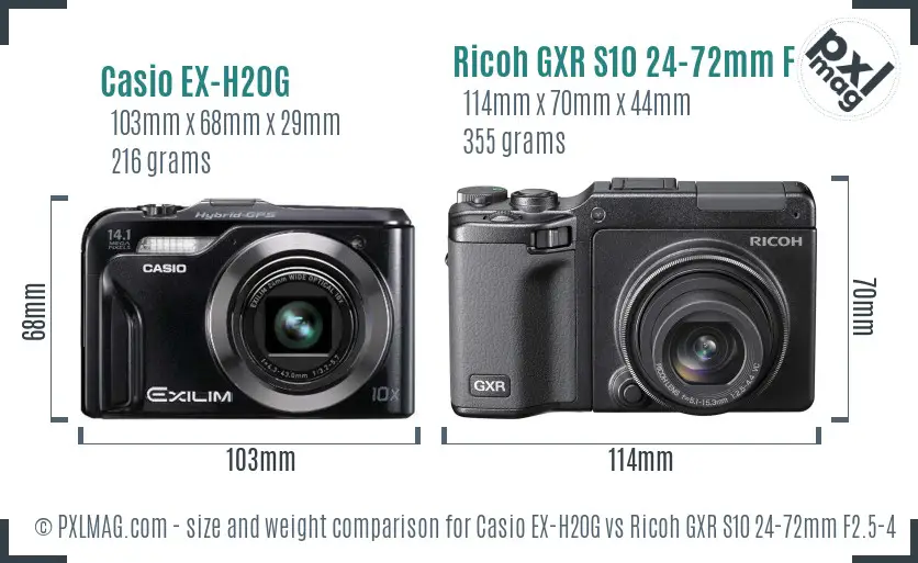 Casio EX-H20G vs Ricoh GXR S10 24-72mm F2.5-4.4 VC size comparison