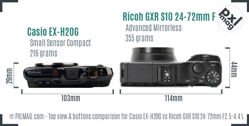Casio EX-H20G vs Ricoh GXR S10 24-72mm F2.5-4.4 VC top view buttons comparison