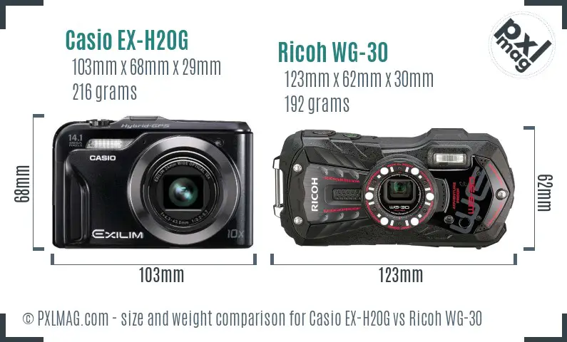 Casio EX-H20G vs Ricoh WG-30 size comparison