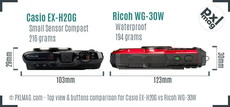 Casio EX-H20G vs Ricoh WG-30W top view buttons comparison