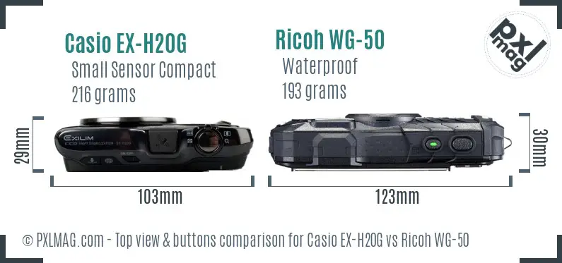 Casio EX-H20G vs Ricoh WG-50 top view buttons comparison