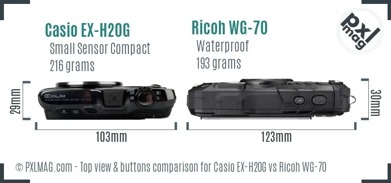 Casio EX-H20G vs Ricoh WG-70 top view buttons comparison Casio EX-H20G vs Ricoh WG-70 top view buttons comparison