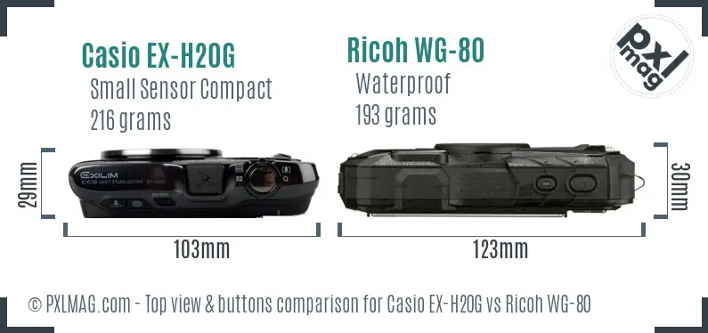 Casio EX-H20G vs Ricoh WG-80 top view buttons comparison Casio EX-H20G vs Ricoh WG-80 top view buttons comparison