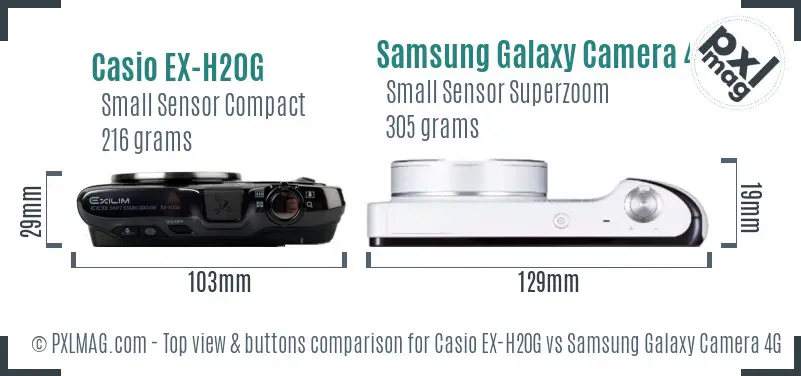 Casio EX-H20G vs Samsung Galaxy Camera 4G top view buttons comparison Casio EX-H20G vs Samsung Galaxy Camera 4G top view buttons comparison
