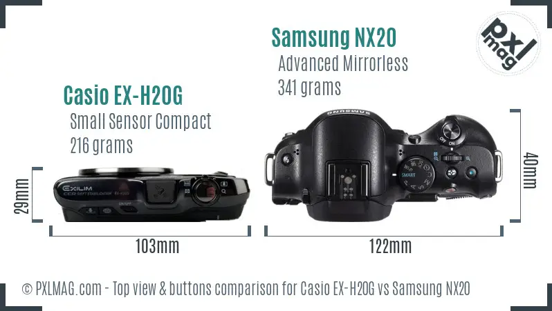 Casio EX-H20G vs Samsung NX20 top view buttons comparison Casio EX-H20G vs Samsung NX20 top view buttons comparison