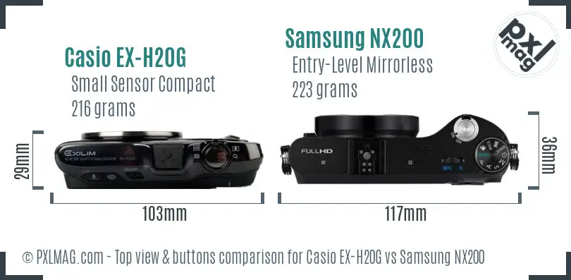 Casio EX-H20G vs Samsung NX200 top view buttons comparison Casio EX-H20G vs Samsung NX200 top view buttons comparison