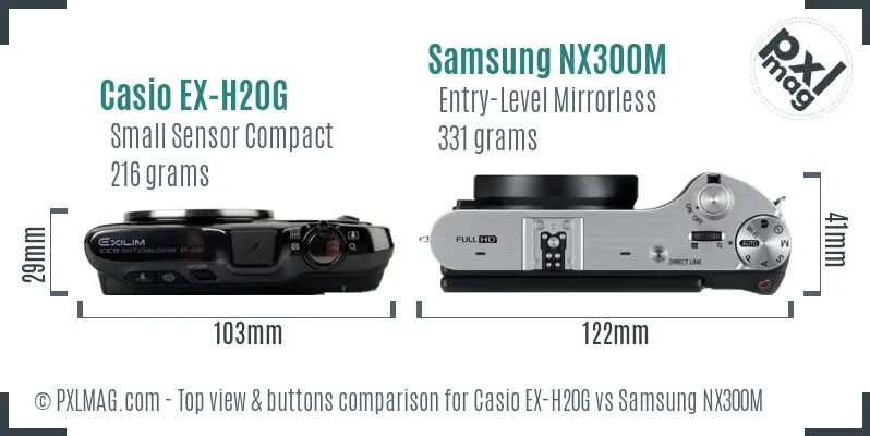Casio EX-H20G vs Samsung NX300M top view buttons comparison Casio EX-H20G vs Samsung NX300M top view buttons comparison