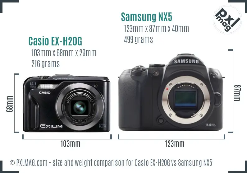 Casio EX-H20G vs Samsung NX5 size comparison