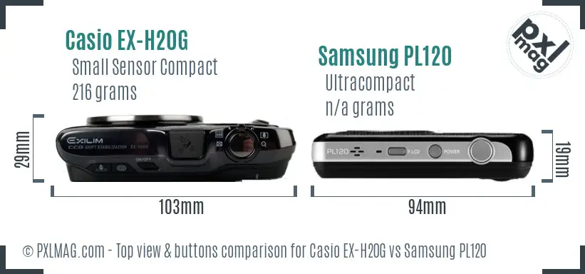 Casio EX-H20G vs Samsung PL120 top view buttons comparison Casio EX-H20G vs Samsung PL120 top view buttons comparison