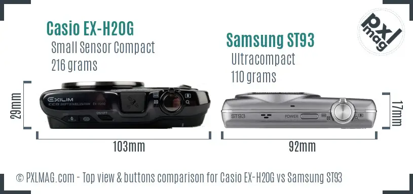 Casio EX-H20G vs Samsung ST93 top view buttons comparison Casio EX-H20G vs Samsung ST93 top view buttons comparison
