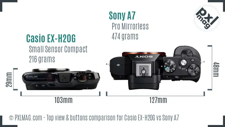 Casio EX-H20G vs Sony A7 top view buttons comparison