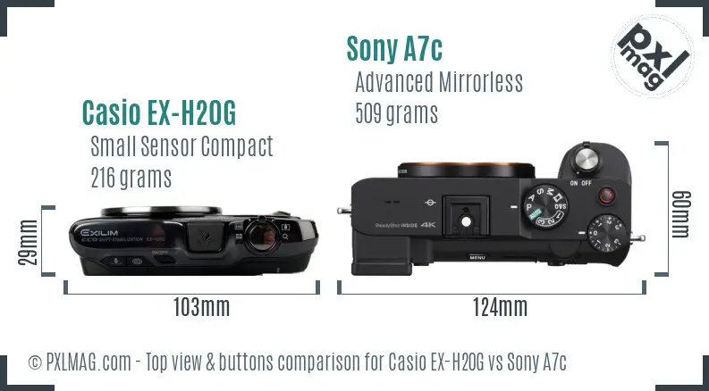 Casio EX-H20G vs Sony A7c top view buttons comparison
