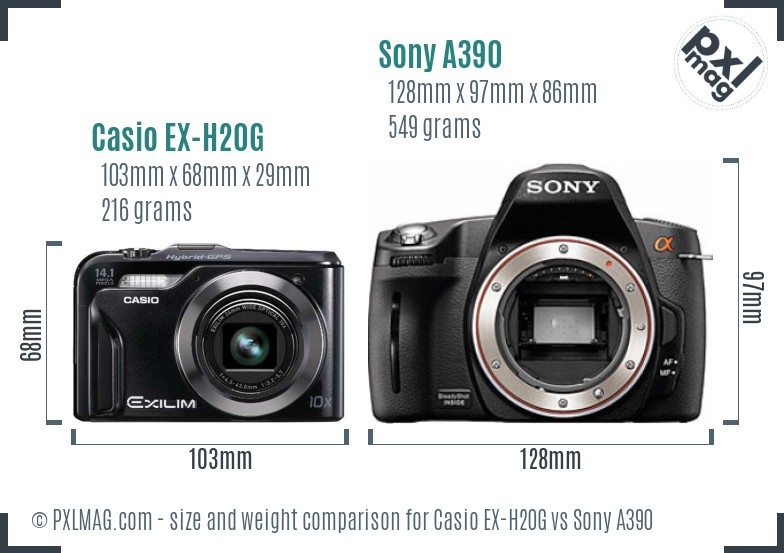 Casio EX-H20G vs Sony A390 size comparison Casio EX-H20G vs Sony A390 size comparison