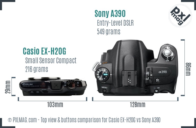Casio EX-H20G vs Sony A390 top view buttons comparison