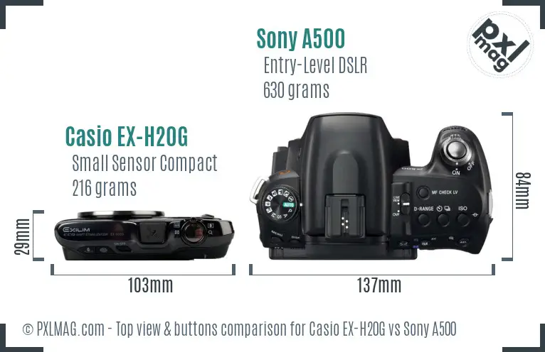 Casio EX-H20G vs Sony A500 top view buttons comparison