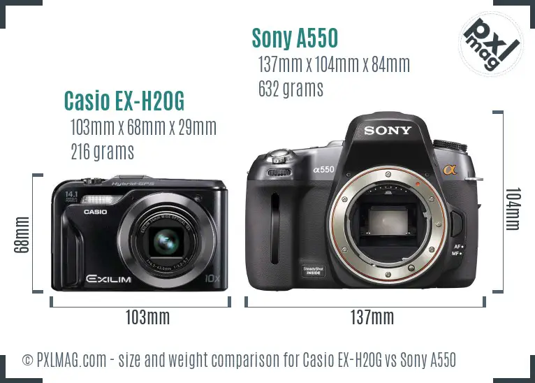 Casio EX-H20G vs Sony A550 size comparison Casio EX-H20G vs Sony A550 size comparison