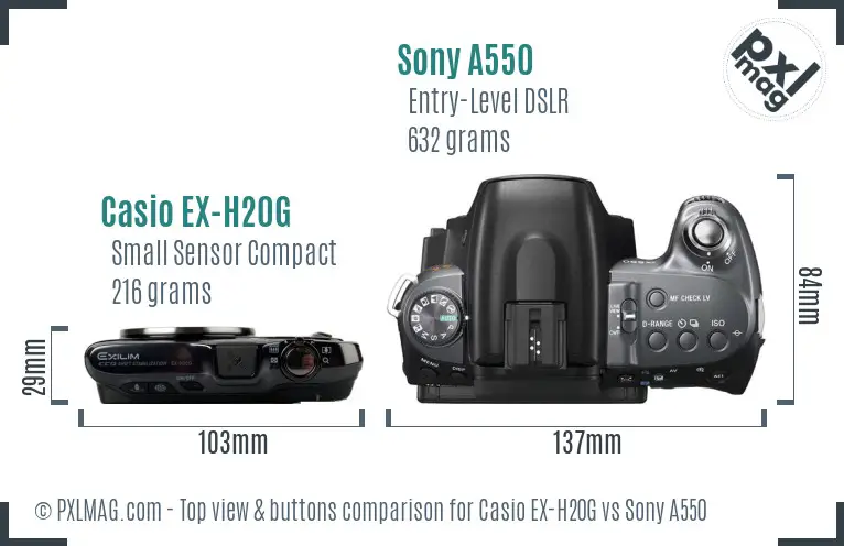Casio EX-H20G vs Sony A550 top view buttons comparison Casio EX-H20G vs Sony A550 top view buttons comparison