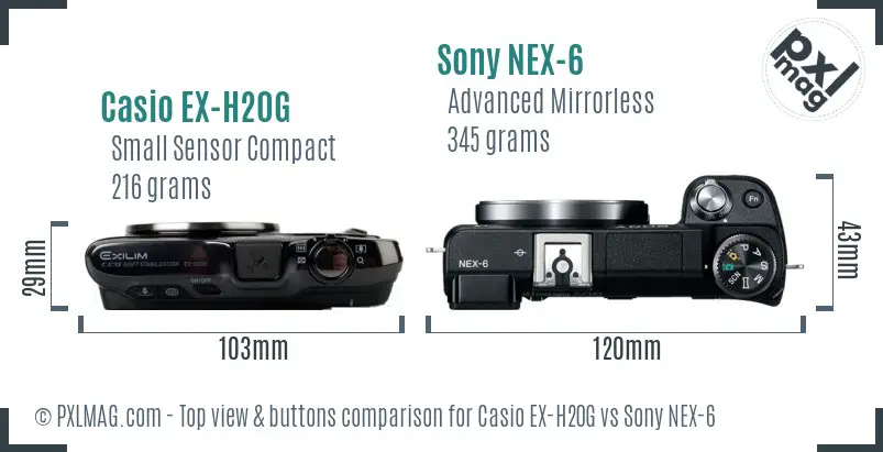 Casio EX-H20G vs Sony NEX-6 top view buttons comparison