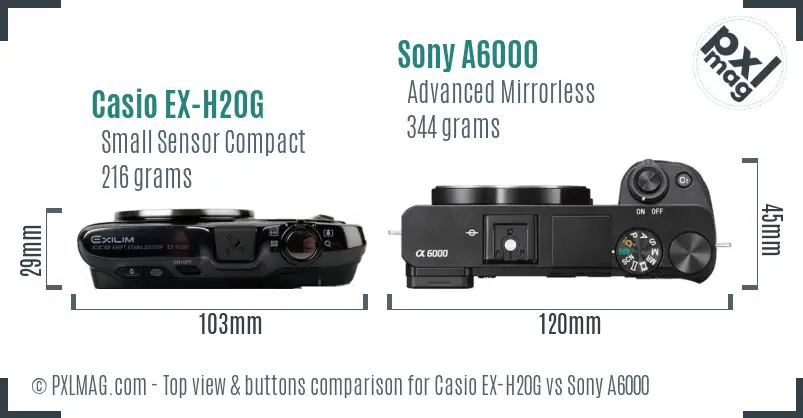 Casio EX-H20G vs Sony A6000 top view buttons comparison