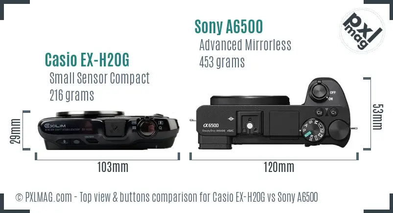 Casio EX-H20G vs Sony A6500 top view buttons comparison Casio EX-H20G vs Sony A6500 top view buttons comparison