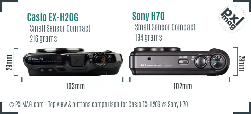 Casio EX-H20G vs Sony H70 top view buttons comparison Casio EX-H20G vs Sony H70 top view buttons comparison