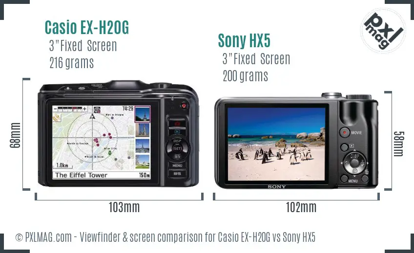 Casio EX-H20G vs Sony HX5 Screen and Viewfinder comparison