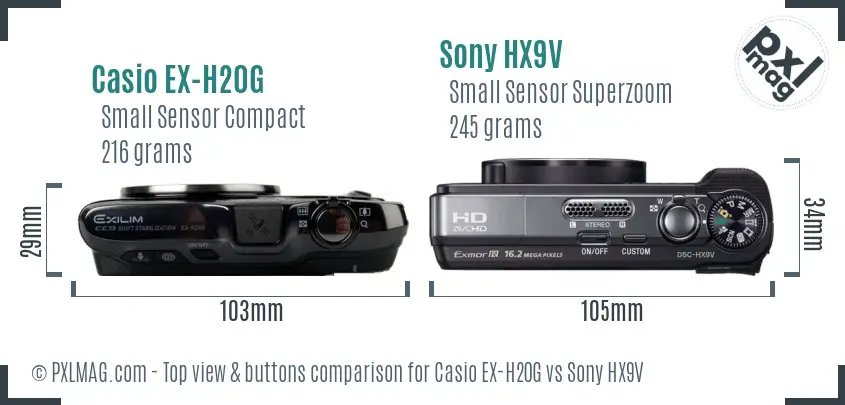 Casio EX-H20G vs Sony HX9V top view buttons comparison Casio EX-H20G vs Sony HX9V top view buttons comparison